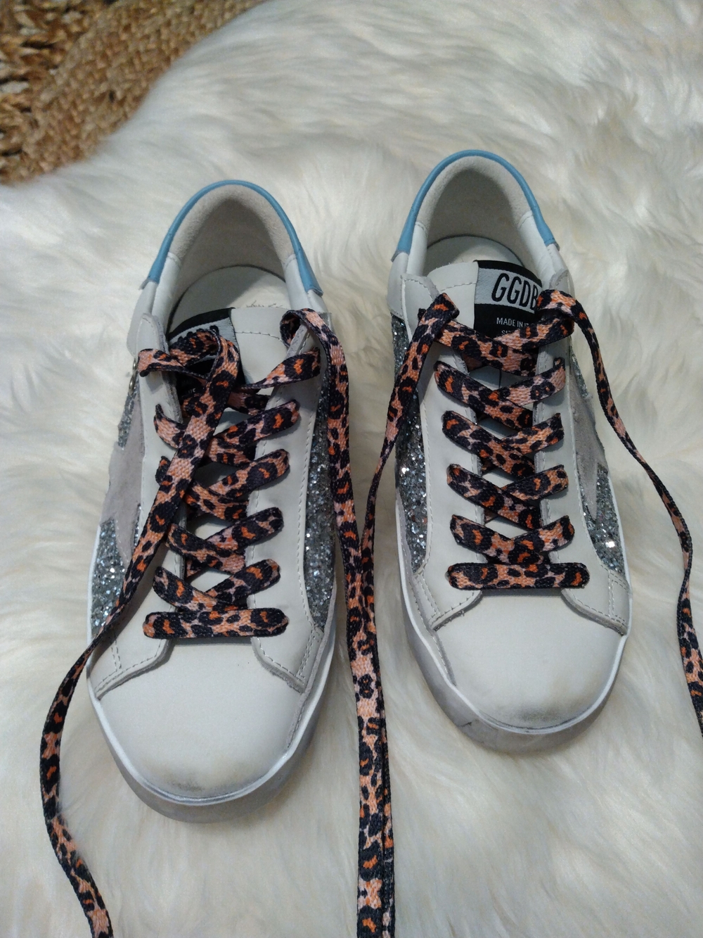 White Leather Sneakers with Silver Glitter Star and Leopard Laces